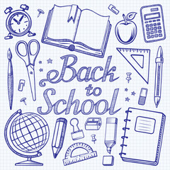 Back to school. Hand drawn lettering with the set of doodle icons of school supplies on squared paper background. Vector illustration