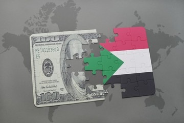 puzzle with the national flag of sudan and dollar banknote on a world map background.