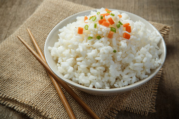 Japan rice with chopsticks on sack