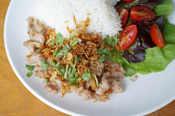 Rice with pork fried with garlic and black pepper. Serve with fr