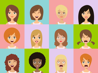 Girls Emotion Icons. Woman Emotions Expression Icons.