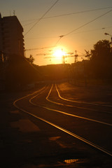 Old tram tracks at sunset