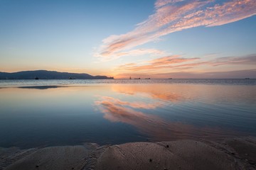 Reflection Sunrise or Sunset View With Orange Cloud and Blue Sky
