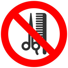 Stop or ban sign with scissors and comb icon isolated on white background. Barbershop is prohibited vector illustration. Haircut is not allowed image. Haircutting is banned.