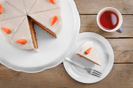 Delicious Carrot Cake With Tea, Top View