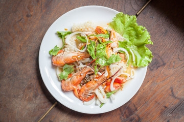 seafood salad on wooden table