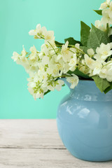 Fresh jasmine flowers in a vase on color background