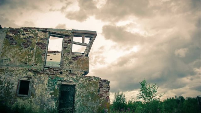 The ruins of the control tower of the military airfield.Time lapse footage