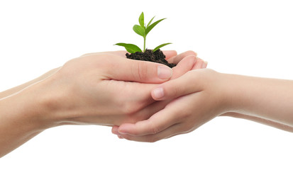 Child and mother holding soil and plant isolated on white