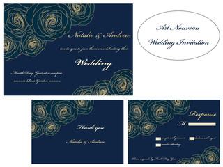 Fototapeta na wymiar Art Nouveau wedding invitation set. RSVP. Thank you card.