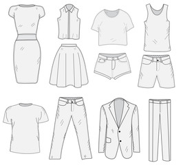 Men's and Women's Clothing set sketch. Clothes, hand-drawing, doodle style. Clothes vector illustration.