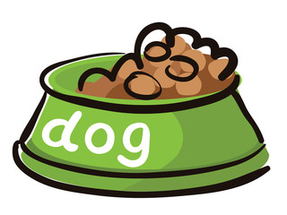 Bowl dry food for dogs with caption vector illustration isolated on white.