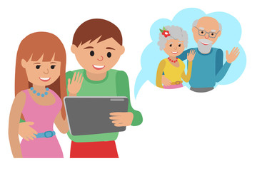 Family vector illustration flat style social media communications. Man woman couple parents make video call with tablet to their grandparents.