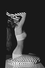 .photographing with Projectors , black and white , light and dark, with the figure of a beautiful...
