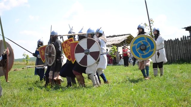 Peresopnitsa village, Ukraine. Festival of historical reconstruction "Peresopnitsa" Kievan Rus period end XI - the middle of the XIII century. 1-3 July 2016: - Battle of two warriors squads. HD 1080