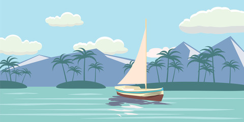 Tropical paradise. Turquoise ocean, island, palm trees, yacht, vector illustration.