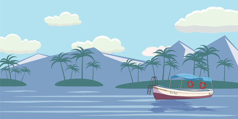 Tropical paradise. Turquoise ocean, island, palm trees, yacht, vector illustration.