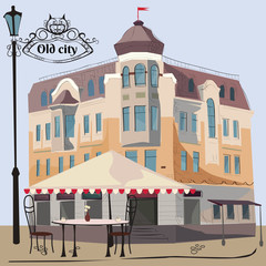 Vector illustration of street scene with cafe