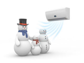 Air conditioner and snowman family. 3d illustration