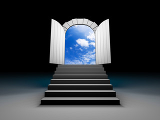 Door to blue clear sky with steps. 3d illustration