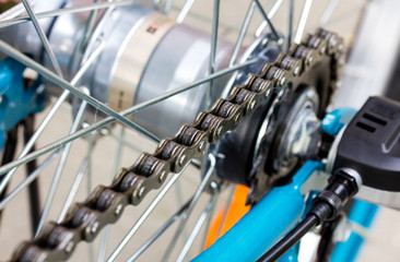 Fototapeta na wymiar bicycle parts rear wheel brake disc cassette fragment frame