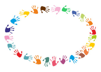 Ovaler Rahmen aus bunten Handabdrücken