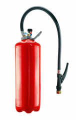 Naklejka premium red fire extinguisher isolated and its handle on white background