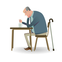 Sad senior man with cane sitting on a chair. Vector Illustration character of unhappy or sadly.