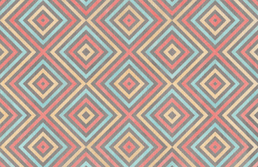 Geometrical pattern in coral, blue, beige and grey colors.