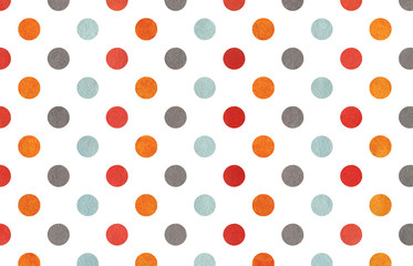 Watercolor orange, blue, red and grey polka dot background.