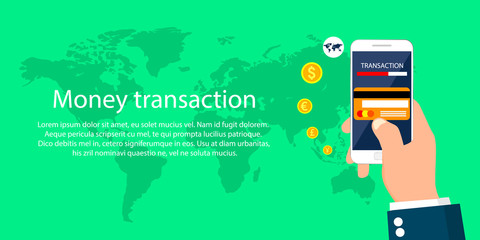 Money transaction, mobile banking and mobile payment, business Internet banner. Vector illustration.