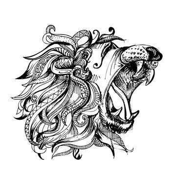 Hand drawn vector illustration of doodle lion with open mouth. sketch. Vector eps 8