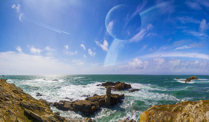 View of distant planet system from cliffs