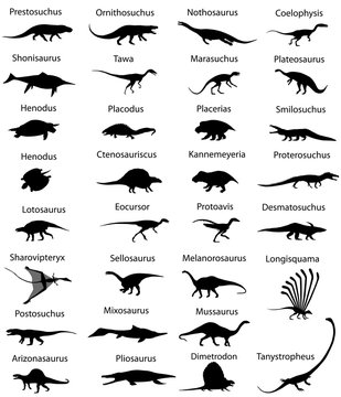 Collection of silhouettes animals of triassic period of mesozoic era 