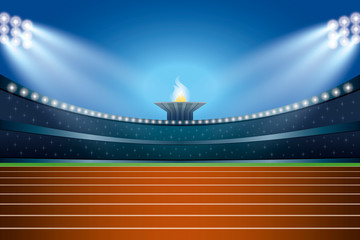 Athletics stadium with track at general front night view. Vector