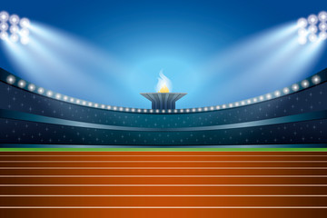 Athletics stadium with track at general front night view. Vector © n.ko.studios