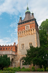 Fototapeta na wymiar Tower of the Vajdahunyad Castle, a castle in the City Park of Bu
