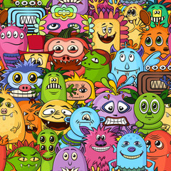 Seamless Background for your Design with Different Cartoon Monsters, Colorful Tile Pattern with Cute Funny Characters. Vector