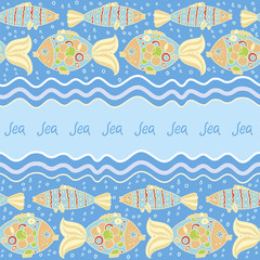 Naklejka premium Marine seamless pattern of horizontal waves with fish on a blue background