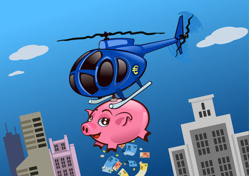 Helicopter throwing money over the city from a piggy bank. A solution for financial crisis (euro version)