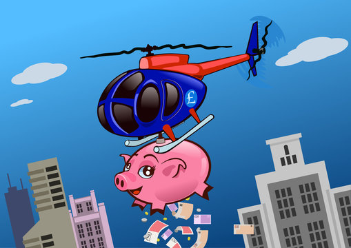 Helicopter throwing money over the city from a piggy bank. A solution for financial crisis (pound version)