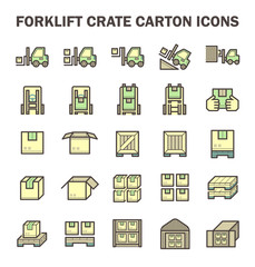 Forklift vector icon. May called fork or lift truck. Include stack of wood crate, cardboard box on pallet for industry i.e. storage, distribution warehouse. Also freight transport, logistic, shipping.