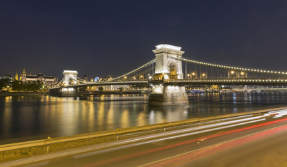 Chain Bridge at night in Budapest, Hungary.