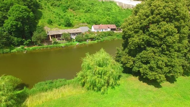 Gothic castle Cesky Sternberk over Sazava river near Prague. Aerial view to medieval monument from 13th century. European landmarks from above. 