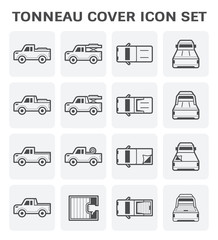 Pick up truck in top, side and rear view vector icon. Include rack, roll bar, tonneau, tray or bed cover both soft and hard i.e. lid, canvas and shutter. Accessories for close, open, load, carry.