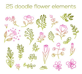 Doodle flower elements 25. Cute floral pink and green