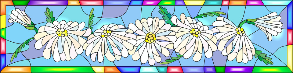 Obraz premium Illustration in stained glass style with flowers, buds and leaves of chamomile