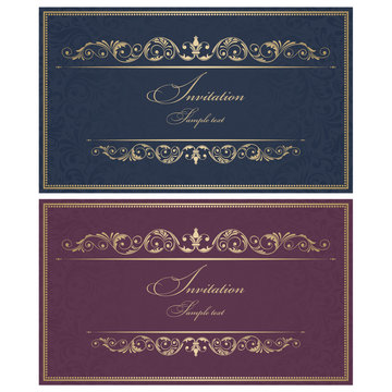 Wedding Invitation cards in an old-style blue, vinous and gold