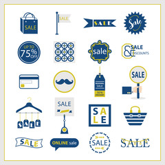 Obraz premium Blue and golden SALE and shopping icons set