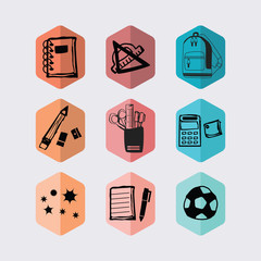 Inky black hand drawn school supplies and stationery hexagon icons set